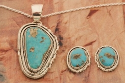 Artie Yellowhorse Rare Morenci Turquoise Sterling Silver Pendant and Post Earrings Set
